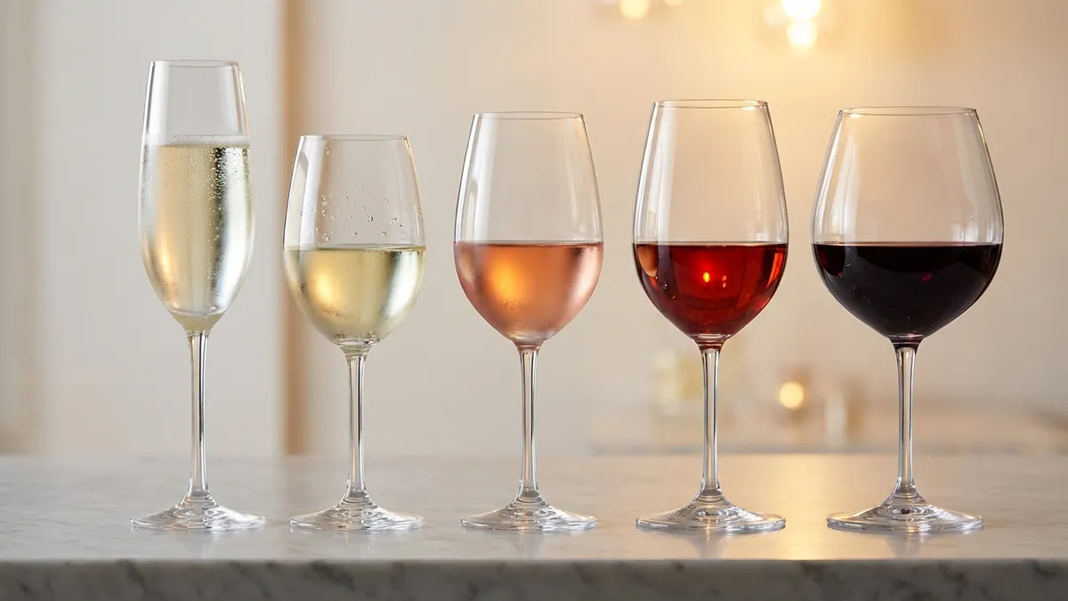 A flight of five wine glasses in warm backlight showing sparkling, white, rosé, light red, and full-bodied red, with subtle frosting on the chilled glasses