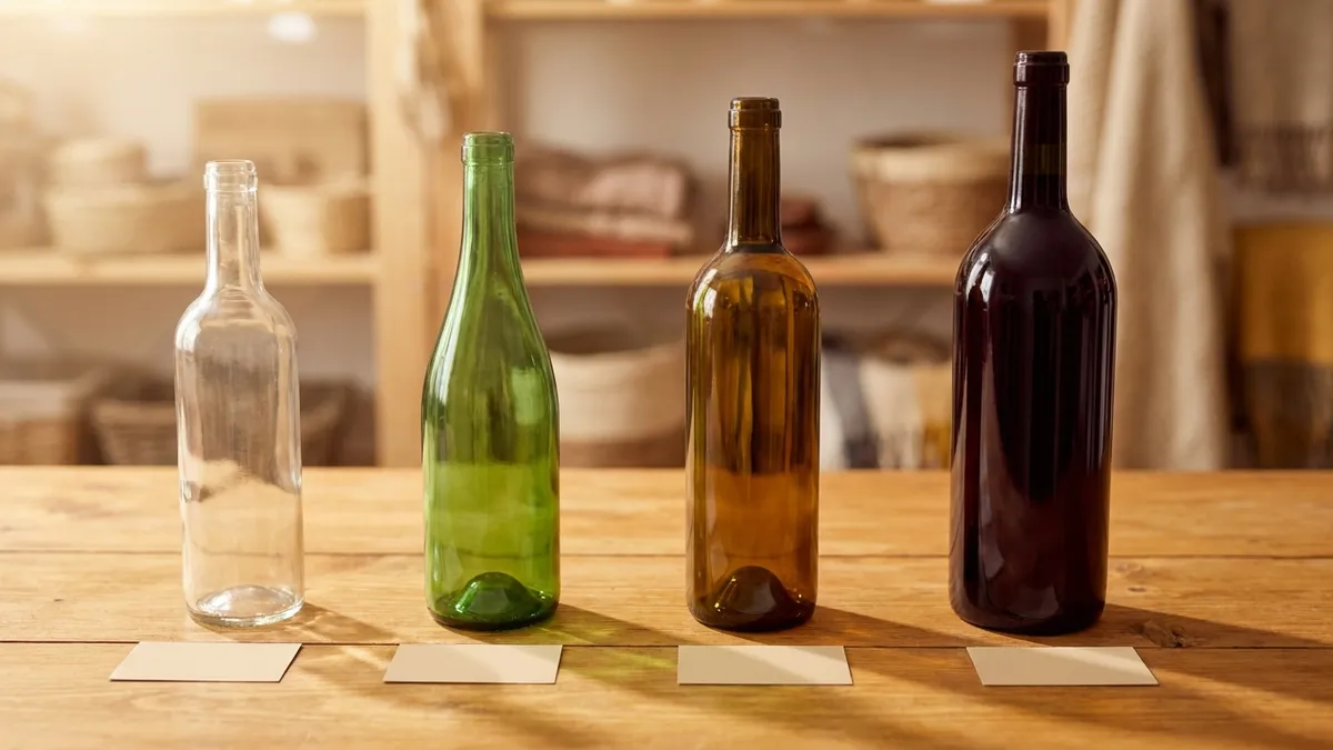 A row of wine bottles arranged from a simple everyday bottle up to a premium bottle, with small price-tier shelf tags beneath each