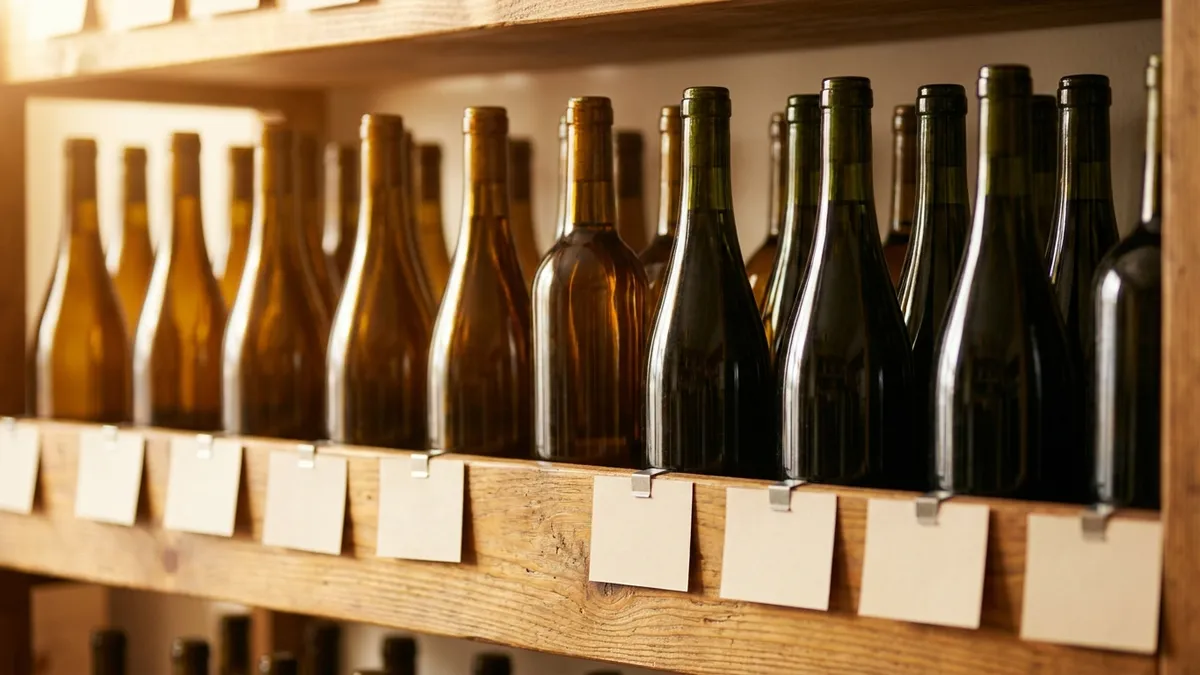 A wooden wine shop shelf organized by region with small handwritten shelf-talker cards clipped beneath the bottles