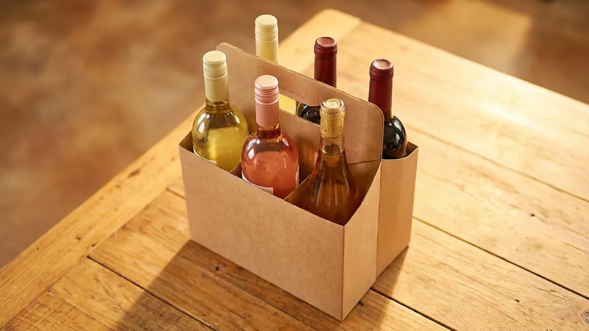 A mixed six-pack of wine bottles in a cardboard carrier showing a range of white, rose, and red styles ready to carry home