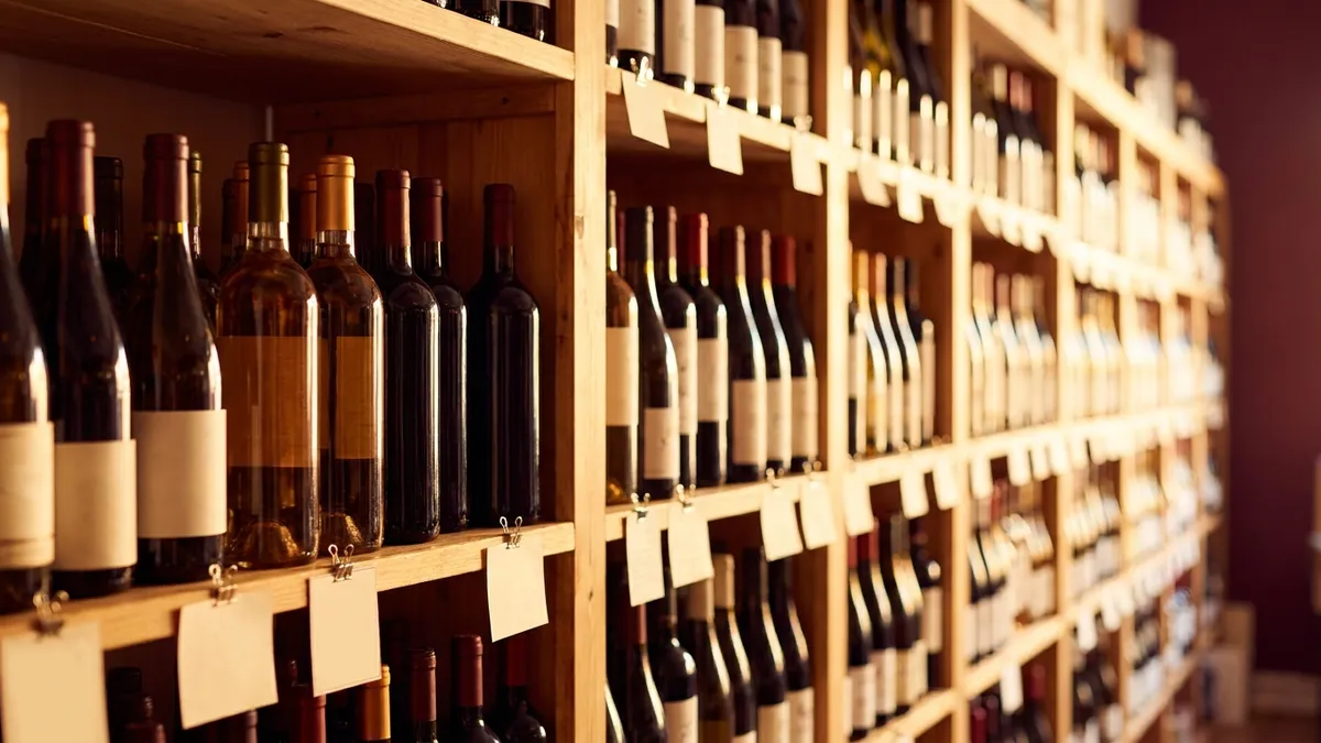 A warmly lit independent wine shop aisle with wooden shelves of bottles organized by region, small handwritten shelf tags visible on the racks