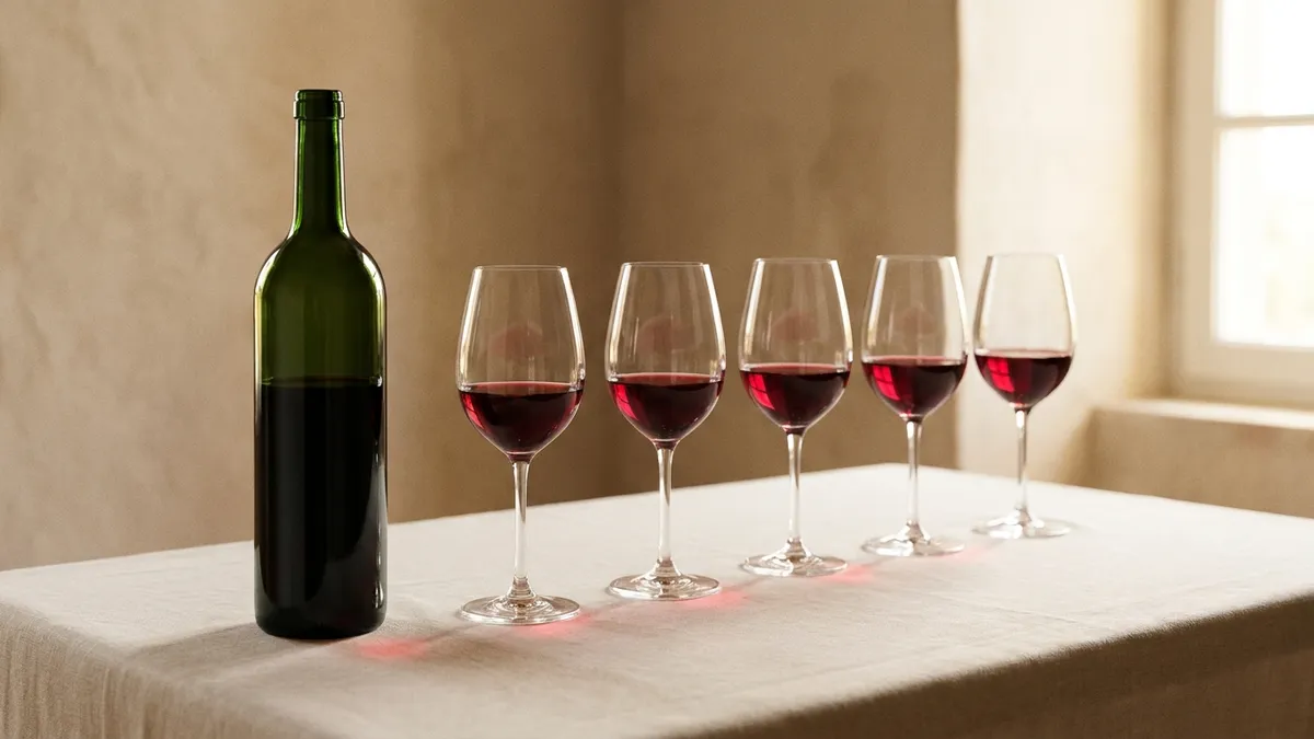 A single unlabelled 750 mL bottle of red wine standing beside five identical stemmed glasses, each holding the same measured pour, on a clean linen-covered table