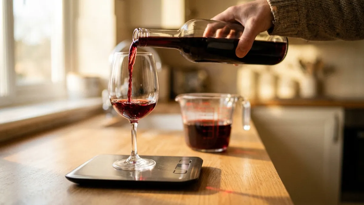 Hands pouring red wine from a plain bottle into a stemmed glass that stands on a small kitchen scale, with a clear measuring jug beside it in warm window light