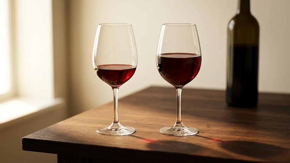 A modest measured pour of red wine in a stemmed glass beside a taller, generous pour on a warm wooden table