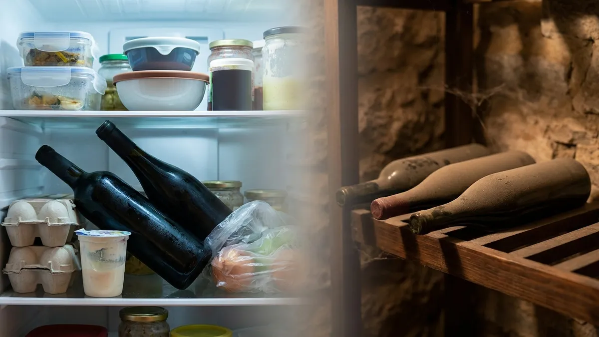A bright, cluttered kitchen fridge shelf beside a dim, quiet cellar nook, showing the contrast in conditions