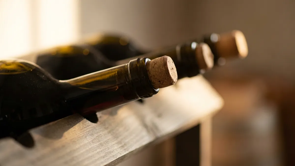 Bottles resting at a slight downward angle on a wooden rack, close on the necks and corks