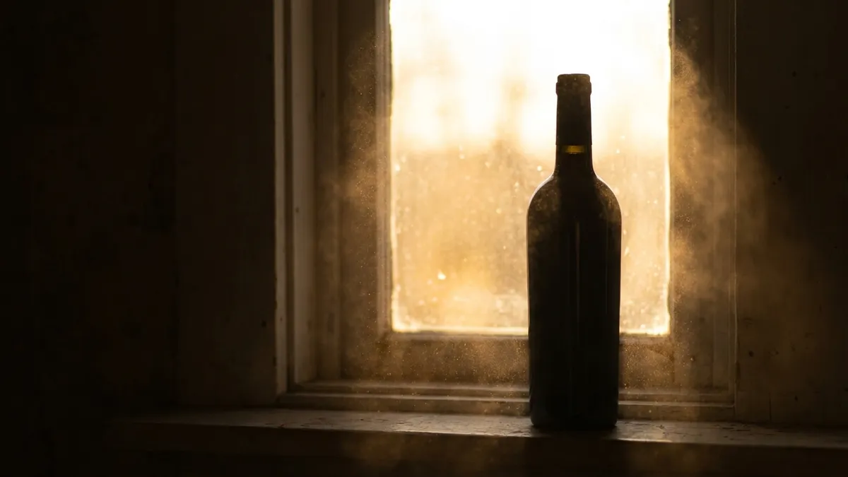 A bottle silhouette on a windowsill with strong directional light and visible dust in the air