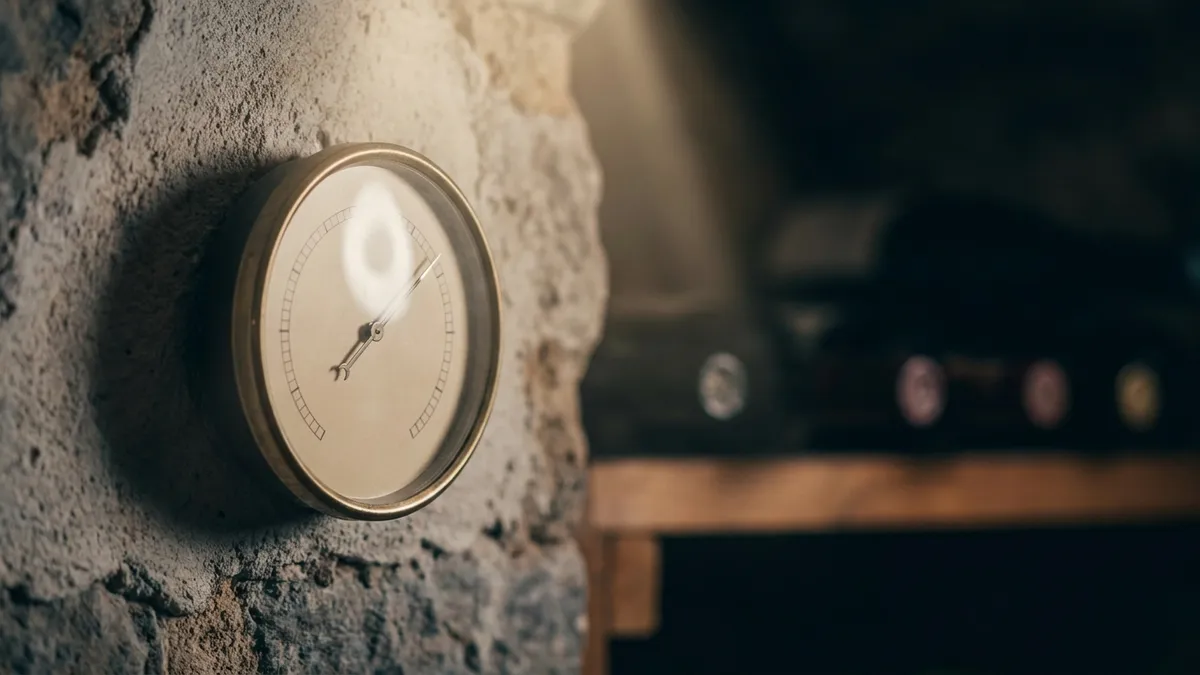 A simple analog thermometer and hygrometer dial in a dim, cool storage space