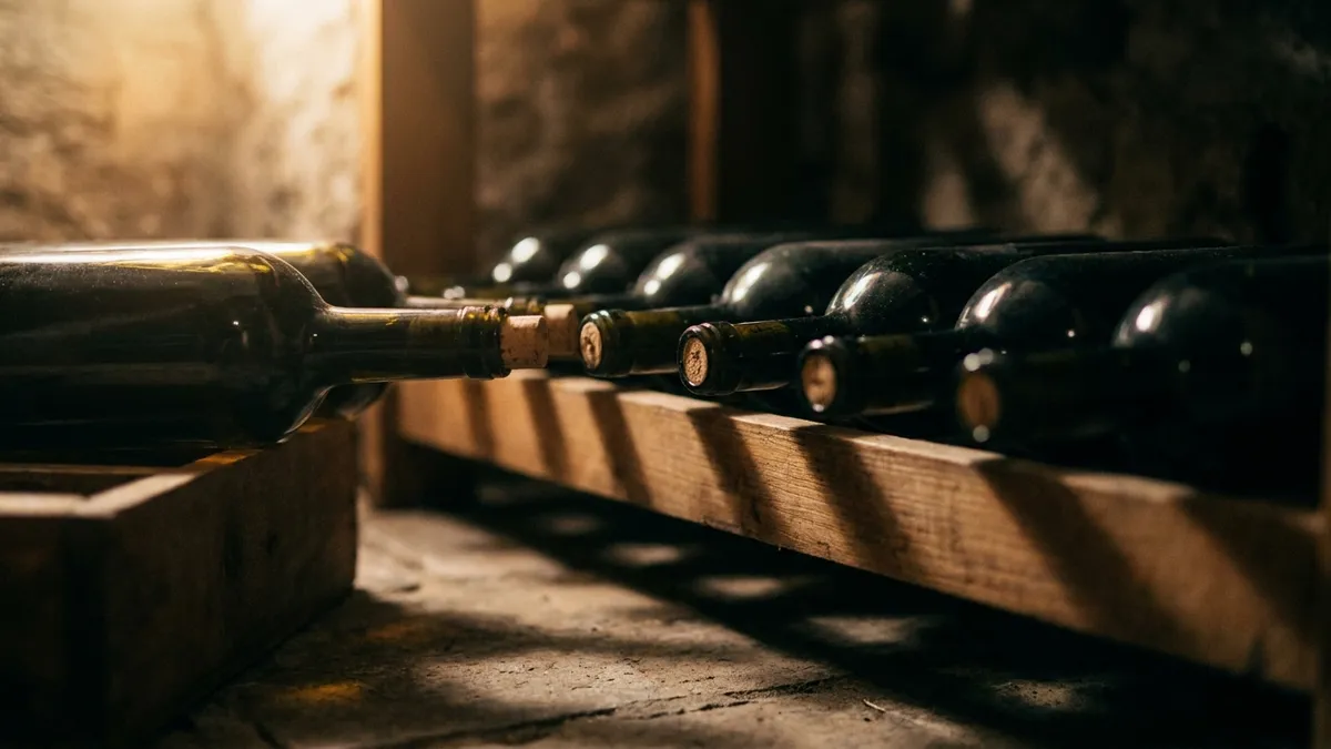 A row of wine bottles resting on a slight downward angle in a plain wooden rack in dim, cool light