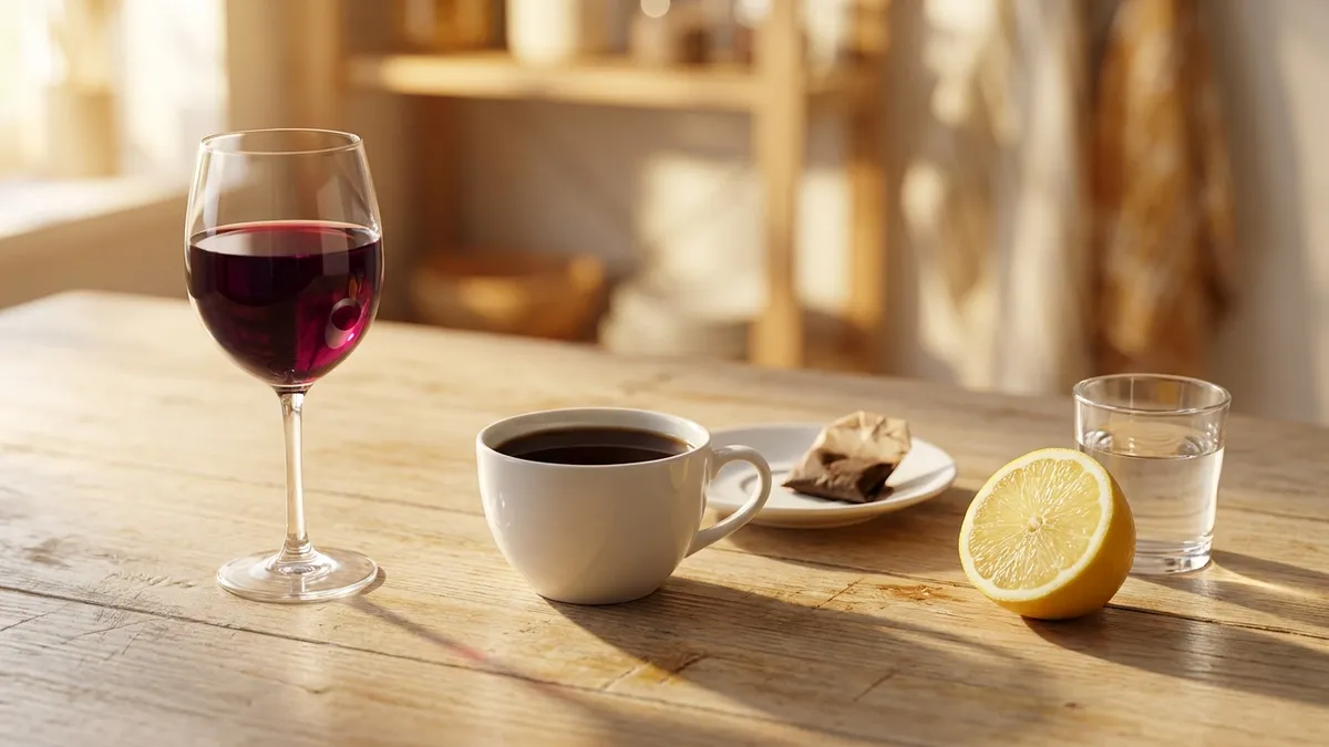 A glass of young red wine beside a cup of over-steeped black tea and a cut lemon on a wooden table, the kitchen references for tannin and acidity