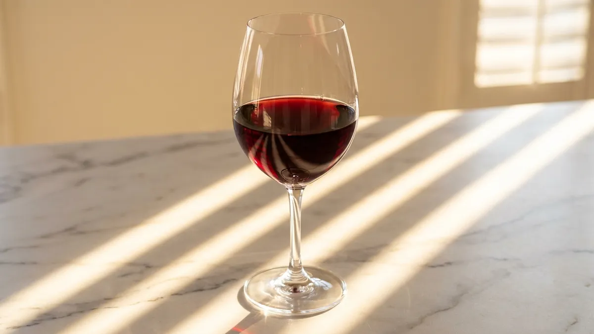 A wine glass held at an angle with visible legs streaming down, showing the structural body of the wine