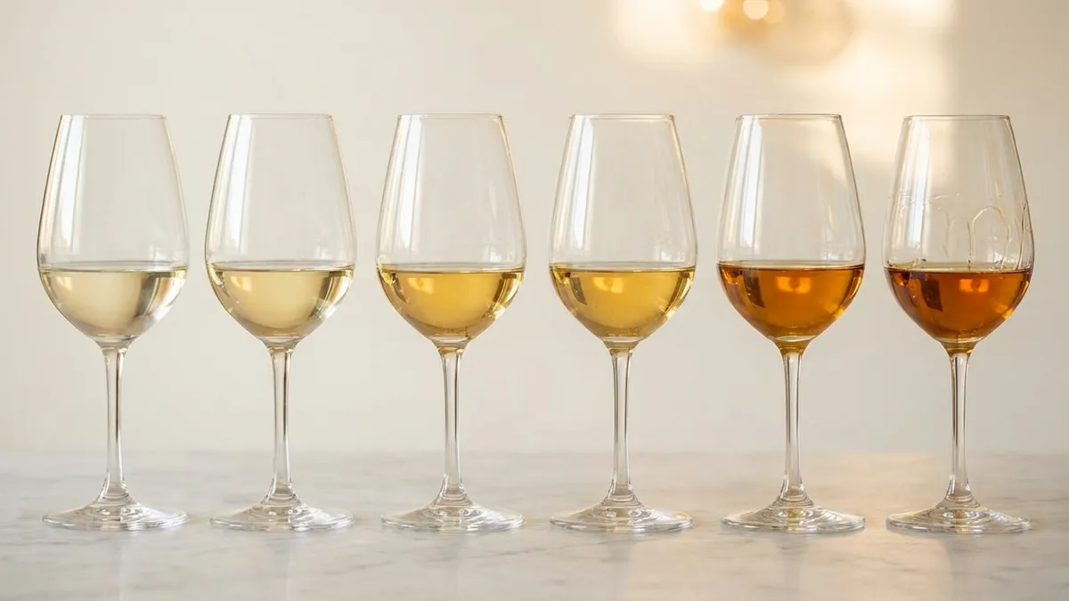 A row of six wine glasses filled with wines ranging from pale dry white on the left to deep amber dessert wine on the right, showing the full sweetness spectrum