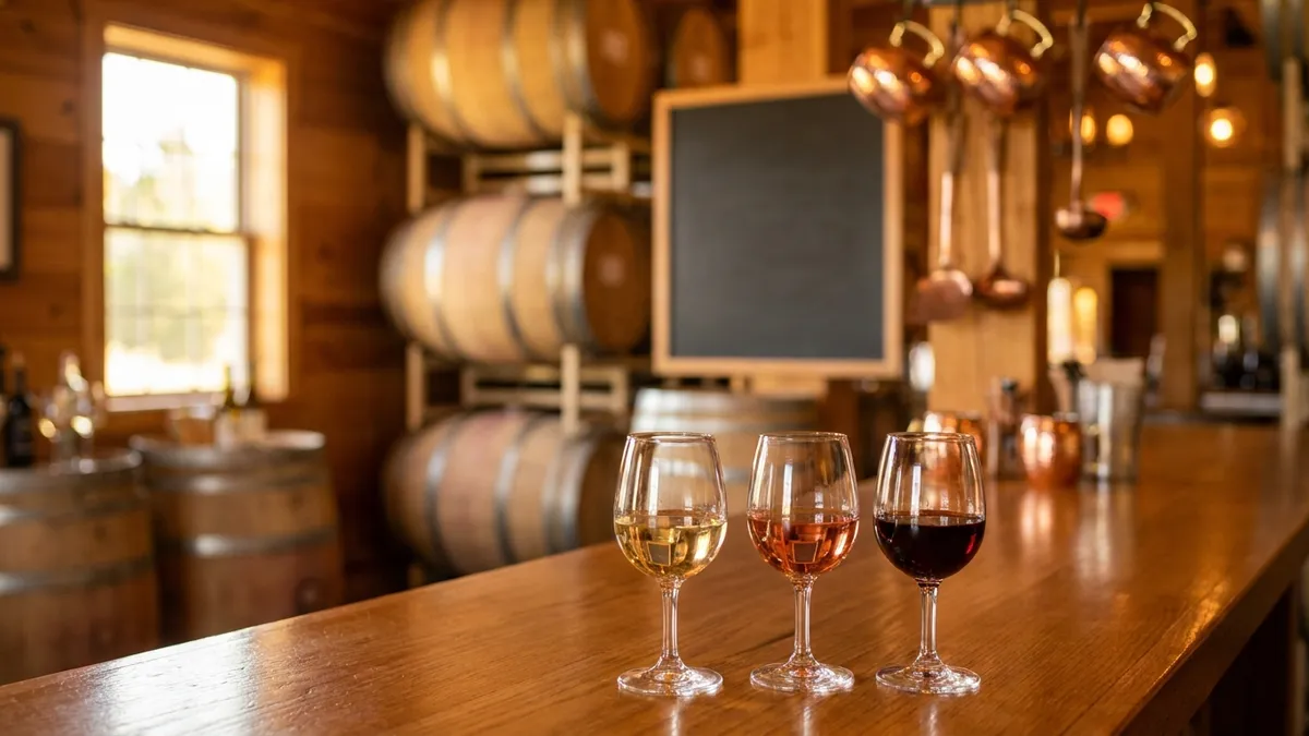 A tasting room counter lined with wine glasses and an open bottle, soft afternoon light