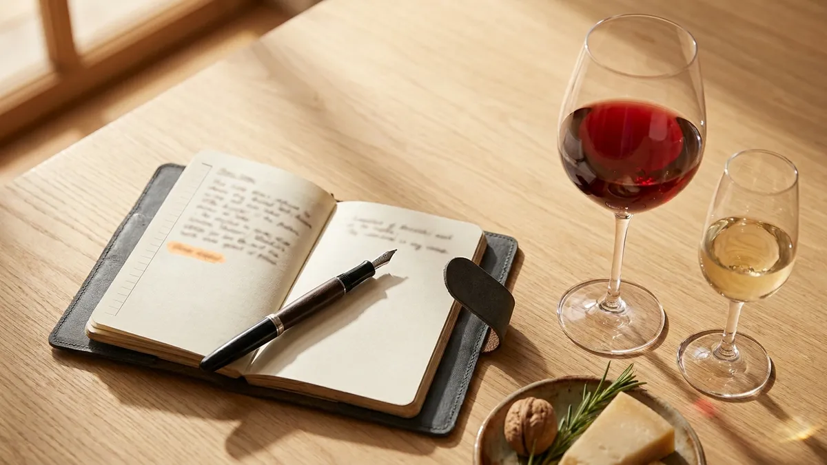A small leather notebook open beside a half-full red-wine glass, with a pen resting on the page