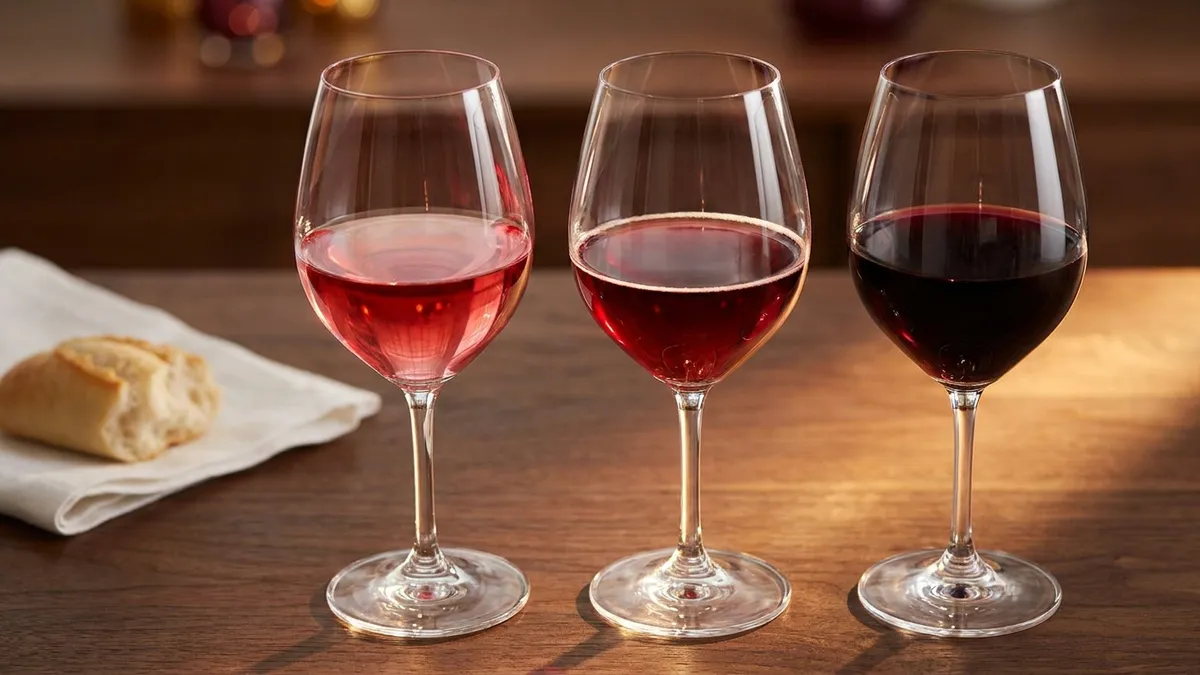 Three red wine glasses in a row against warm side light, the wine rising in depth from translucent pale ruby to opaque garnet, slow legs visible on the fullest glass