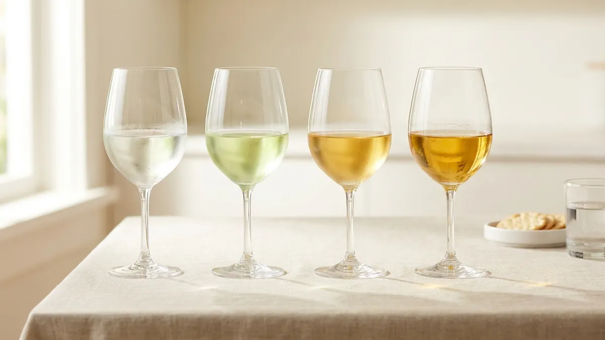 Four chilled white wine glasses in a row on pale linen, condensation beading on each, the wine deepening from near-colorless through lemon-green to rich gold