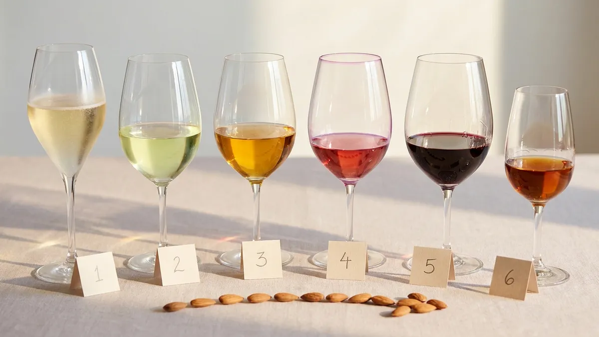 Four wine glasses arranged left-to-right from pale white through rosé to deep red, each half full