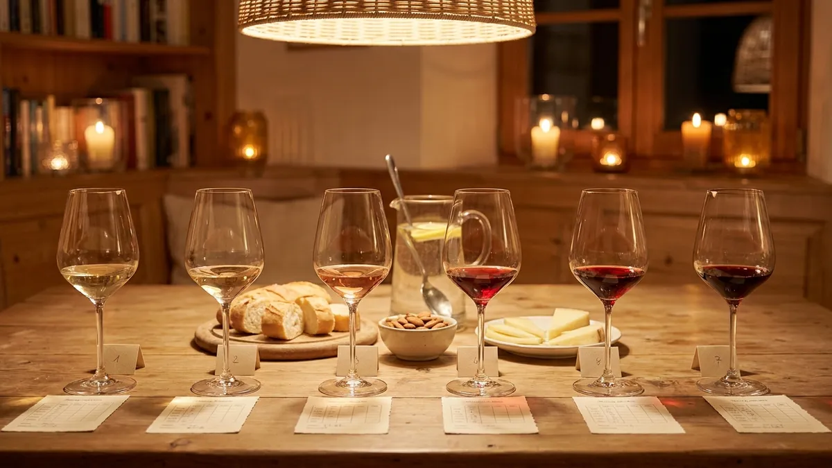 A home dining table set for a casual wine tasting with four glasses per setting and small palate-cleansing plates