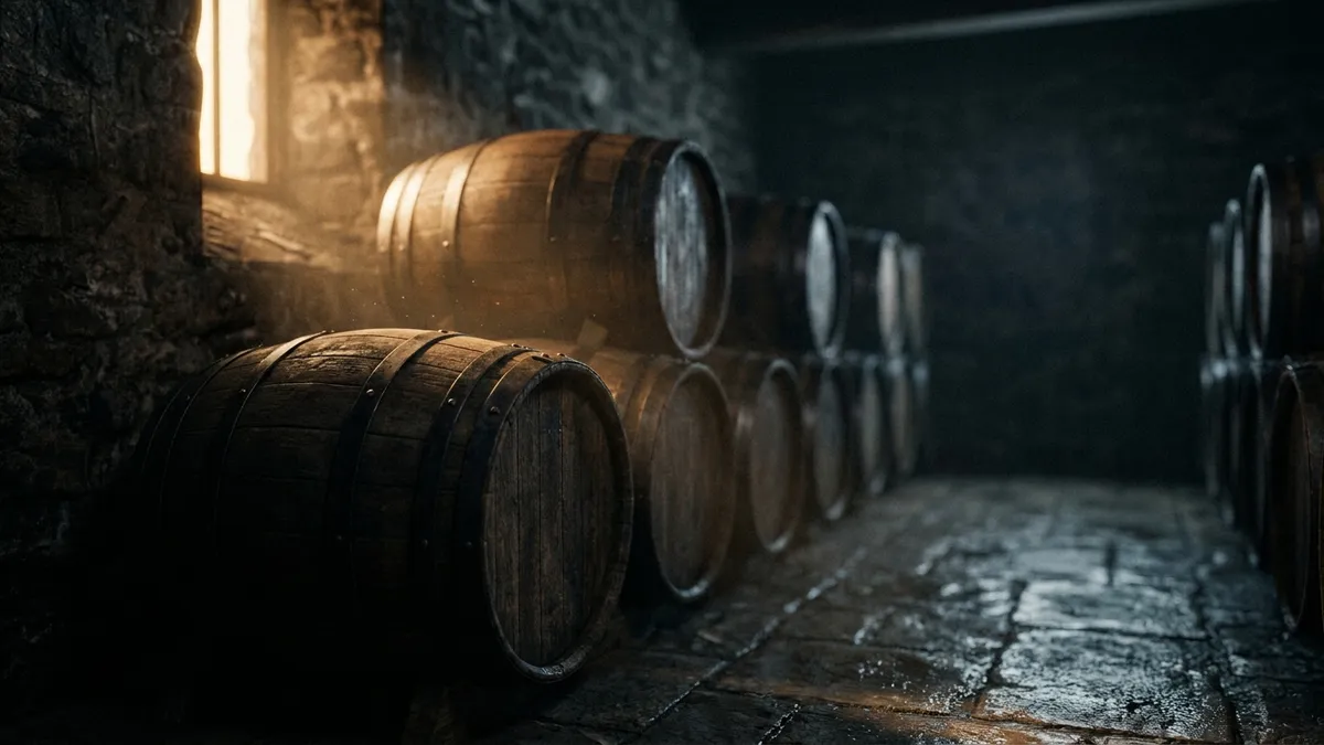 A dim, atmospheric row of oak barrels in a wine cellar, lit by a single warm light with visible humidity in the air