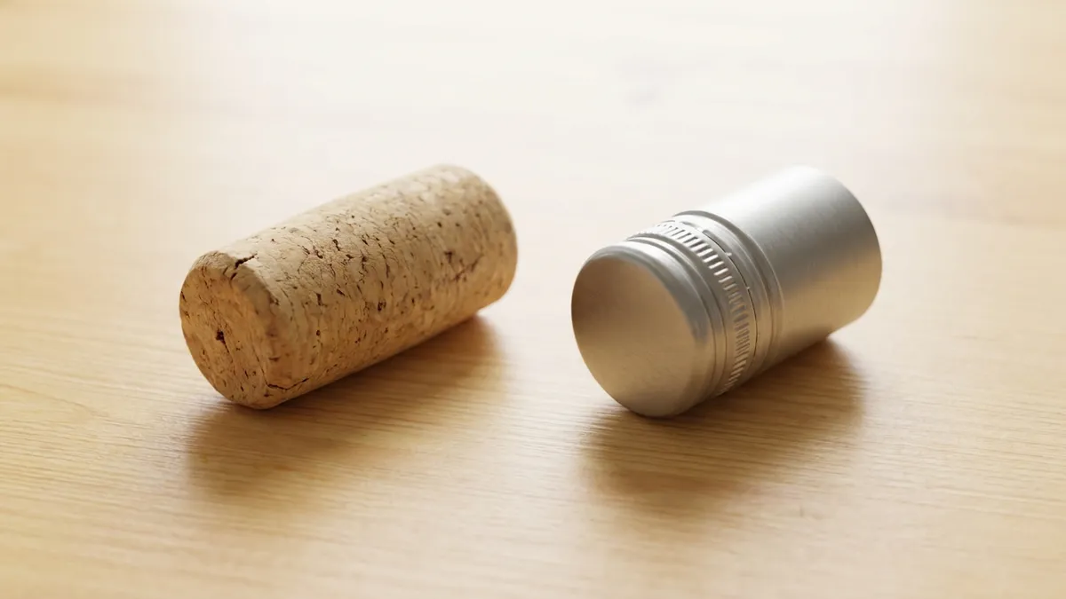 A natural cork stopper and a metal screw cap laid side by side on a neutral wooden surface