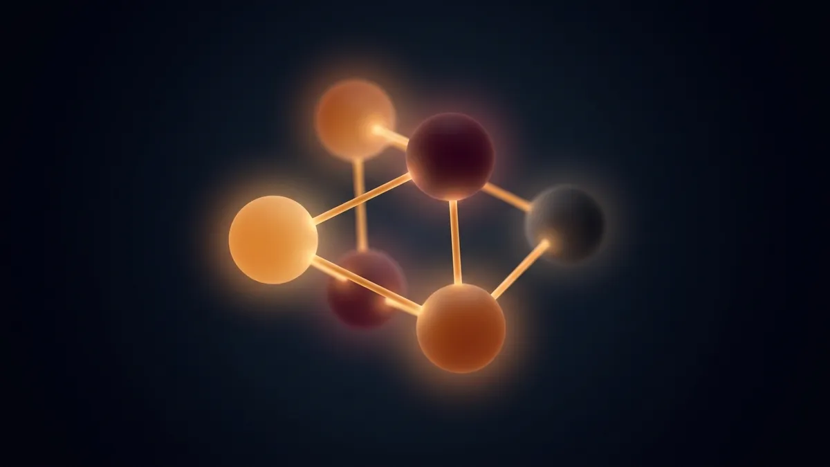 A simple, elegant abstract illustration suggesting a molecular structure, rendered in warm amber and burgundy tones