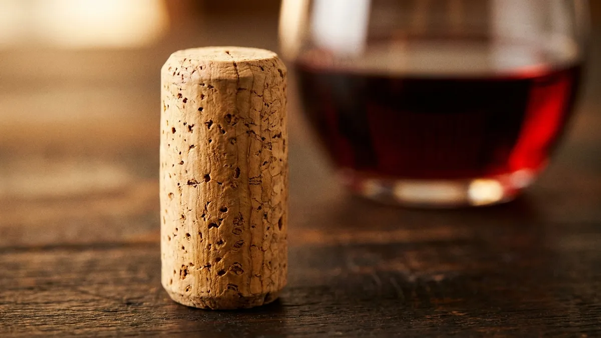 A close-up of a natural wine cork's porous texture beside a glass of red wine, lit in warm afternoon light