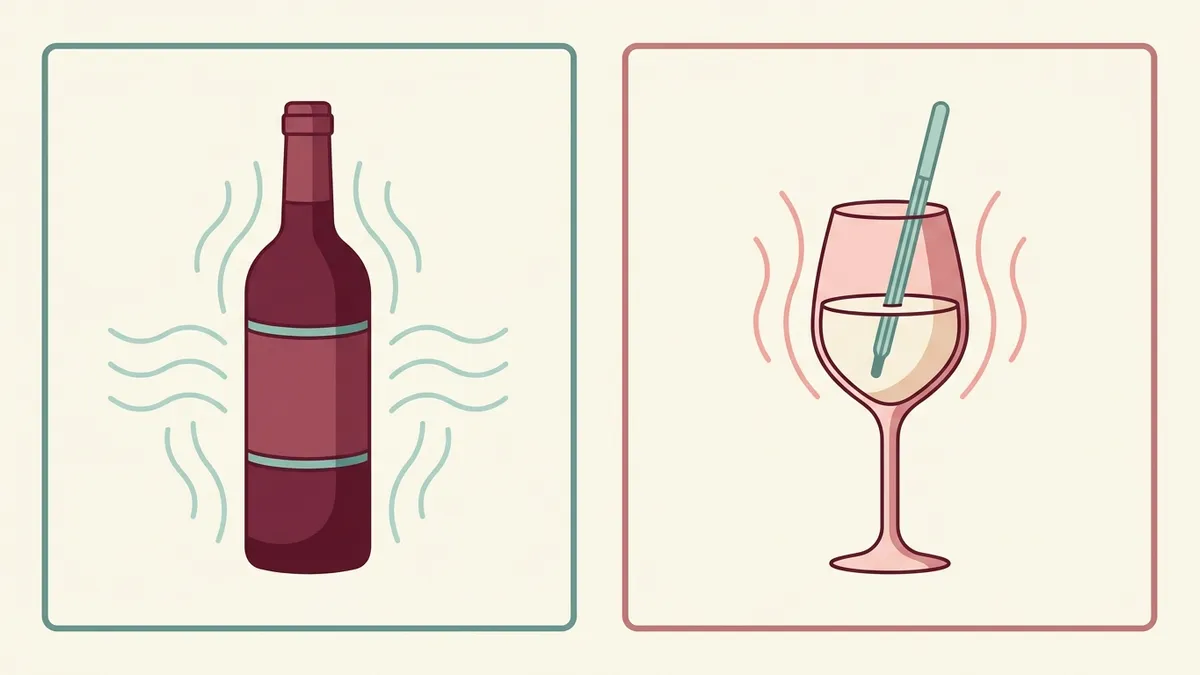 Flat illustration of a sealed red wine bottle in cool air beside a glass of white wine with a probe dipped into the liquid and warm air rising around it