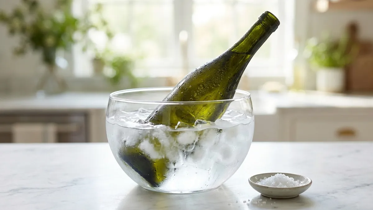 An unlabelled green wine bottle tilted into a glass bowl of ice and water, with a dish of salt beside it
