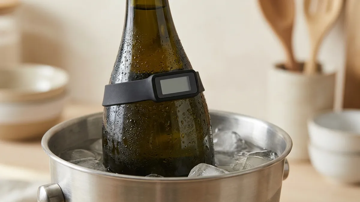 A dark green unlabelled wine bottle in an ice bucket with a thin black strap thermometer wrapped around its shoulder