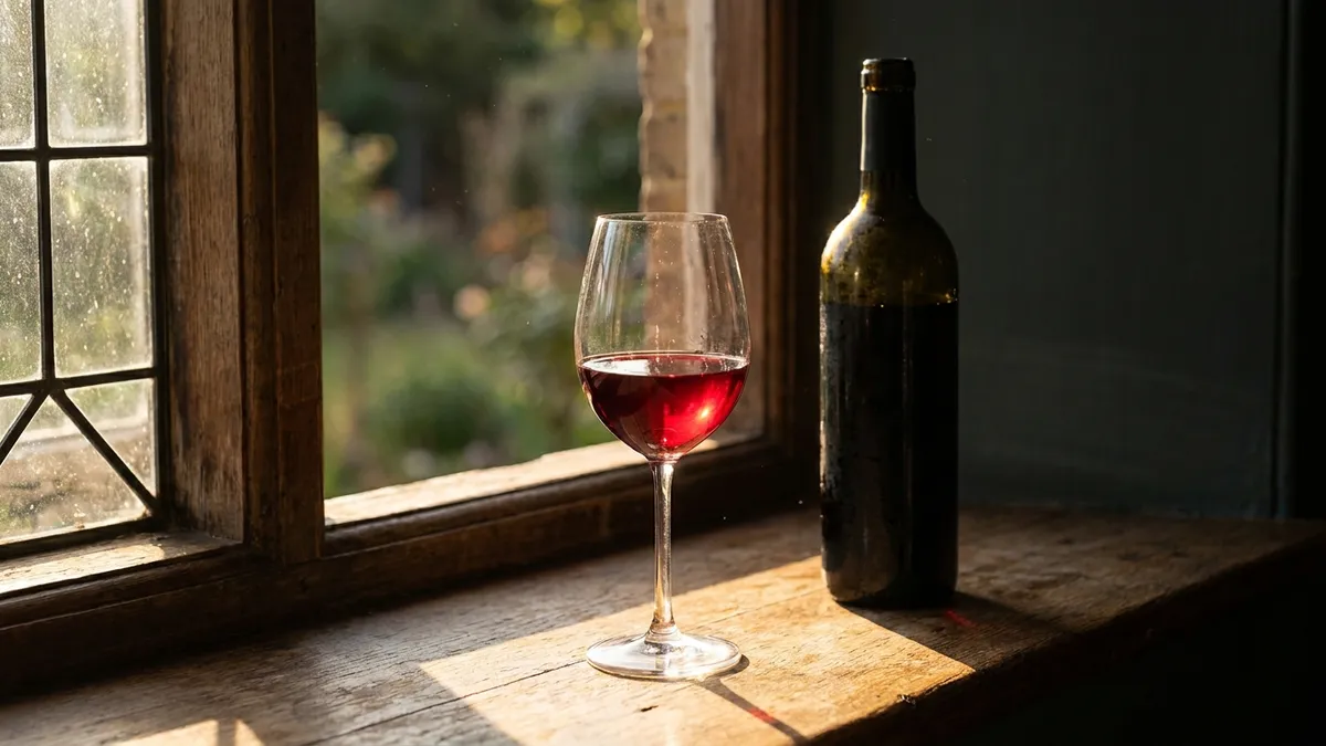 A glass of ruby red wine glowing in warm window sunlight beside an unlabelled bottle in cool shade