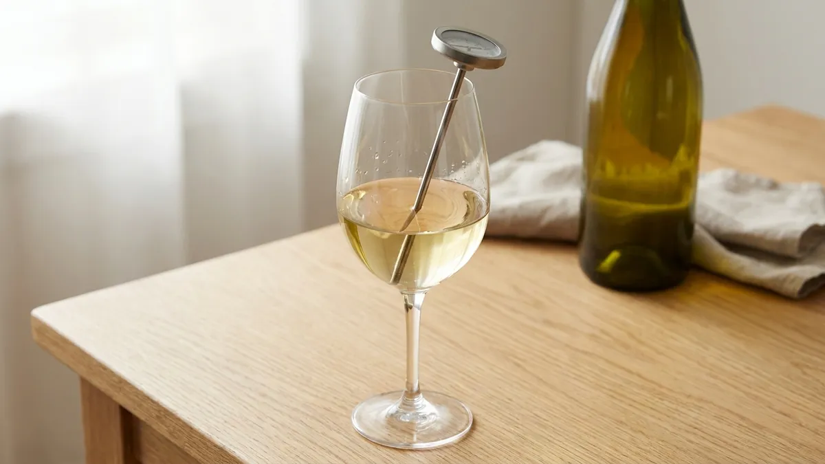 A slim probe thermometer standing in a glass of pale white wine on an oak table, an unlabelled bottle blurred behind it