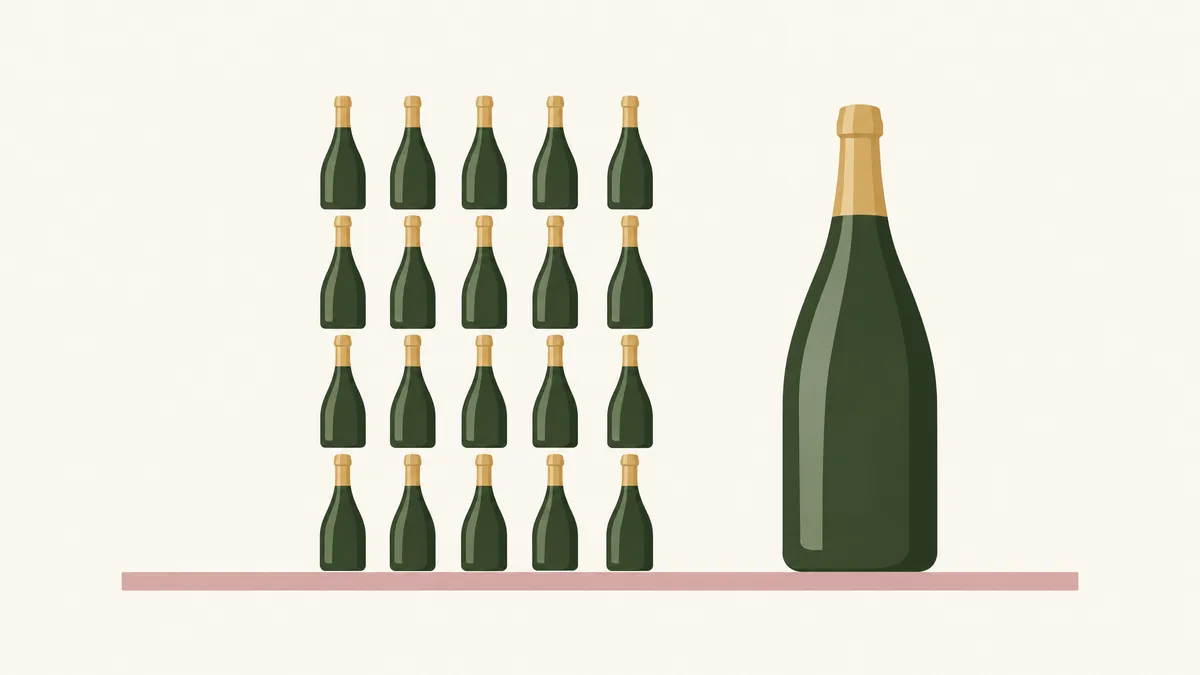 One giant Nebuchadnezzar wine bottle standing beside twenty standard wine bottles arranged in four rows of five