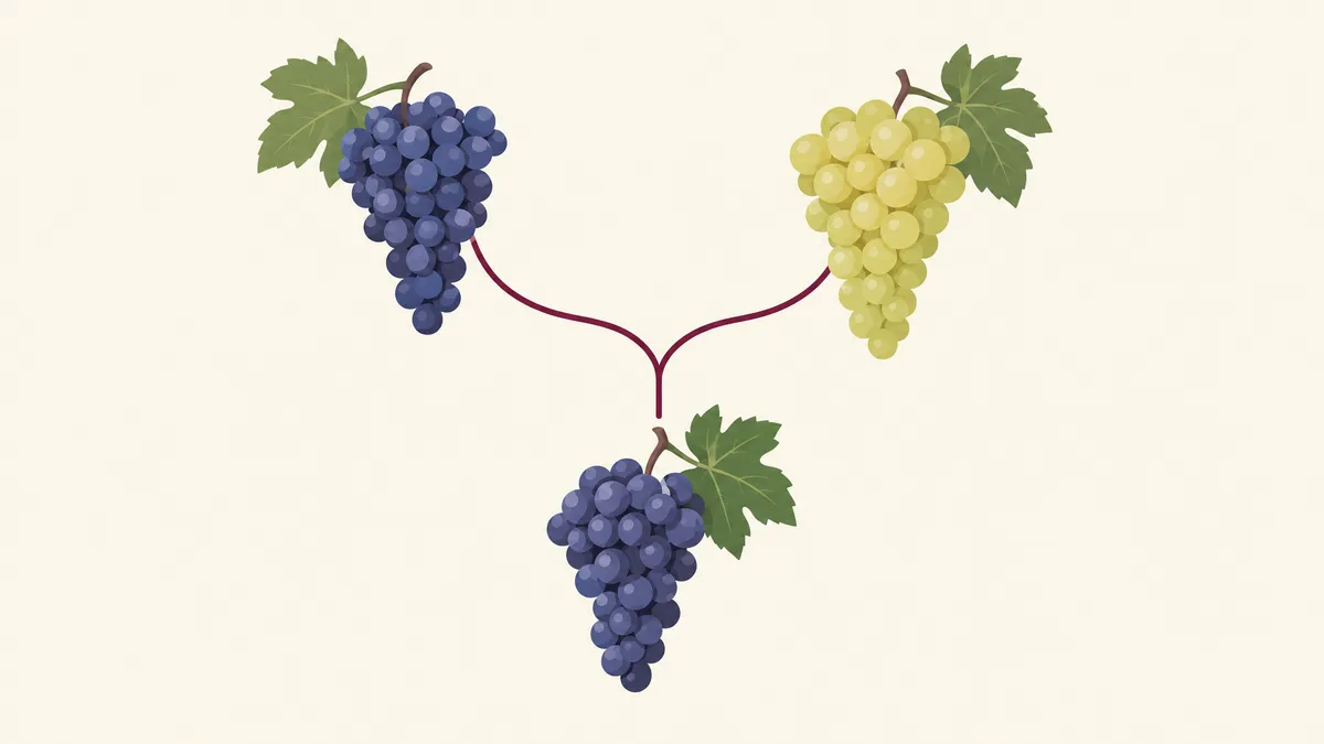 A family tree of three grape clusters: a dark Cabernet Franc cluster and a pale green Sauvignon Blanc cluster joined by lines to a dark Cabernet Sauvignon cluster below