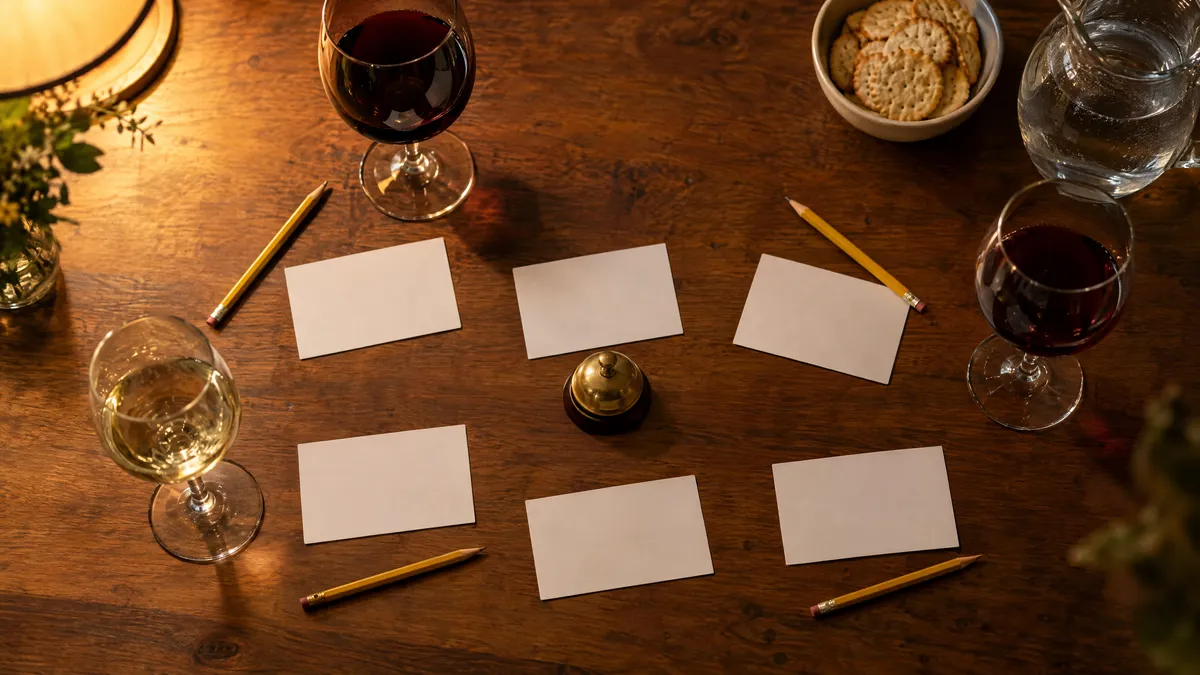 Overhead view of a wooden table set for wine trivia, with blank answer cards, pencils and three glasses of red and white wine