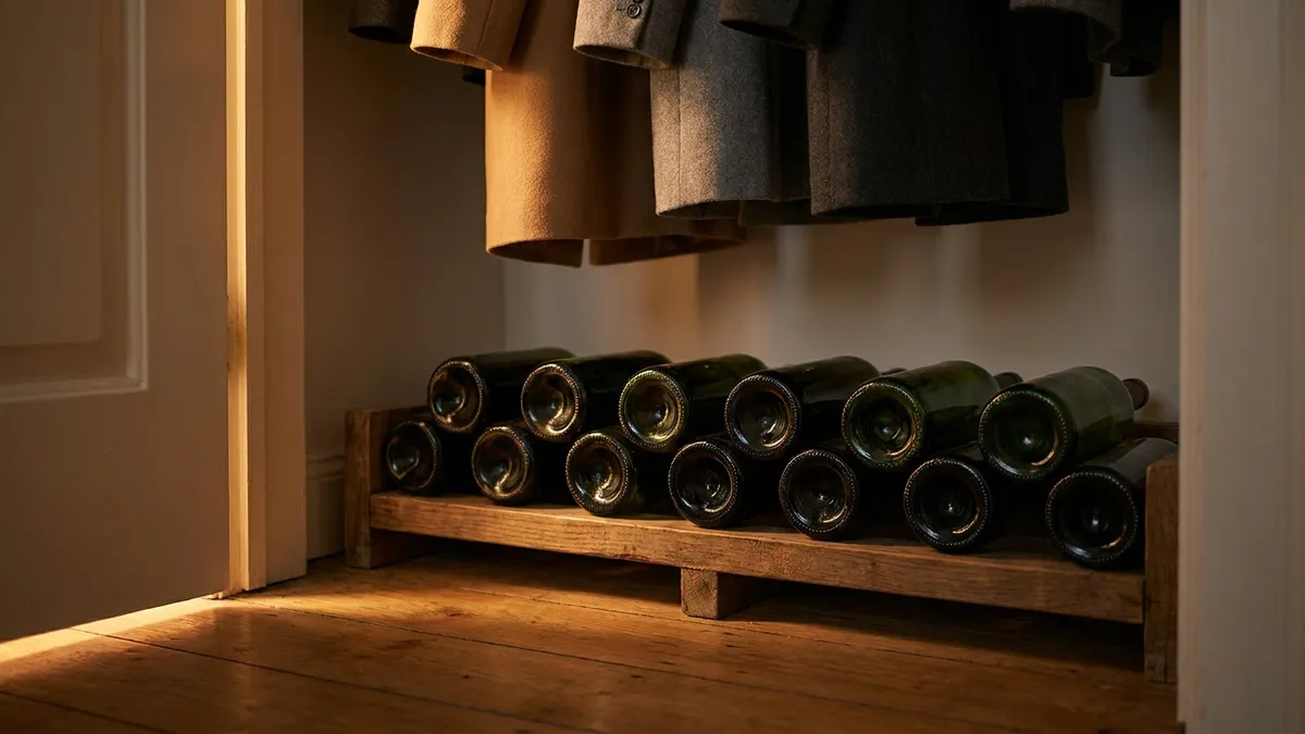 A dim interior closet with a small wooden rack of wine bottles lying on their sides on the floor, lit by a soft warm glow