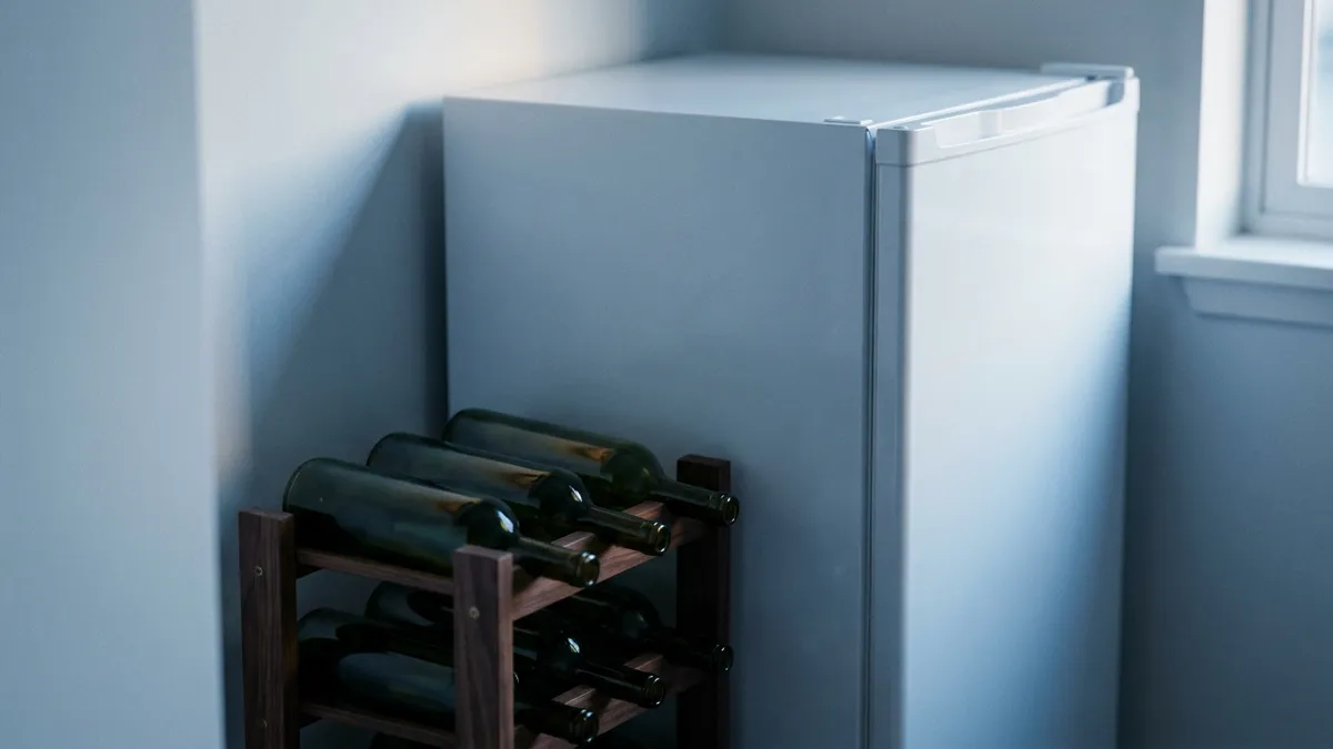 A few dark wine bottles resting on their sides in a small wooden rack beside a kitchen refrigerator, cool evening light