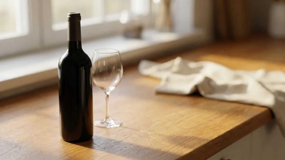 A single dark bottle of red wine standing upright and undisturbed on a wooden counter in soft window light