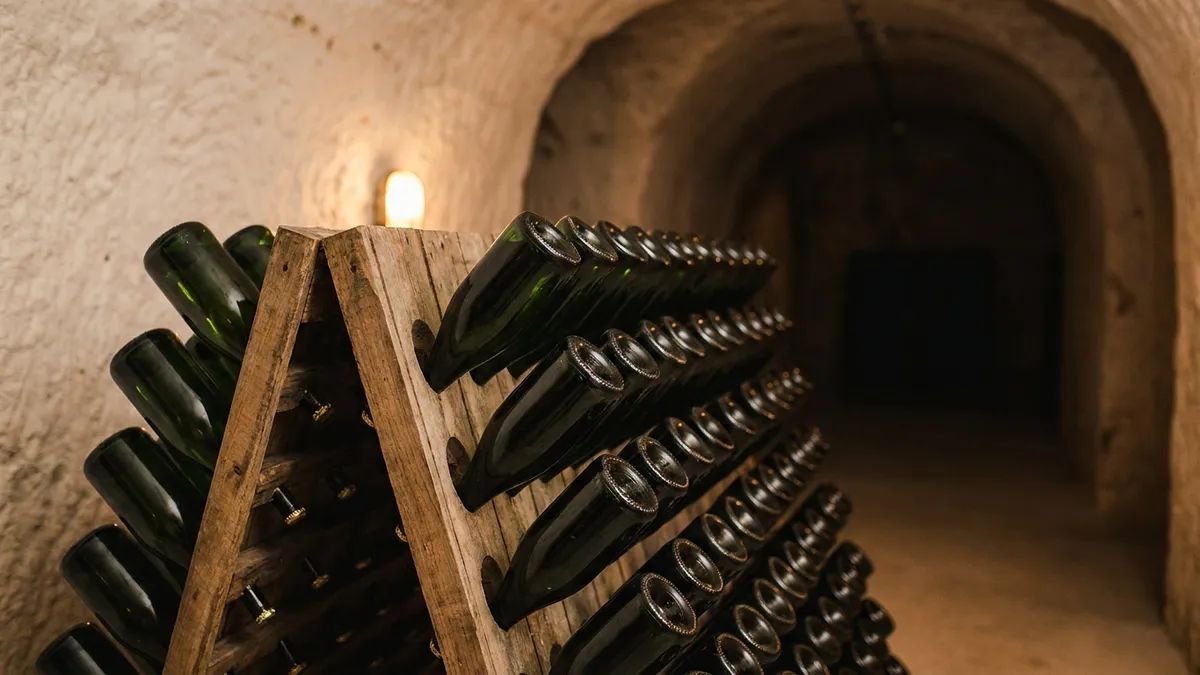 Rows of sparkling wine bottles resting neck-down in a wooden A-frame riddling rack in a dim, warm chalk cellar