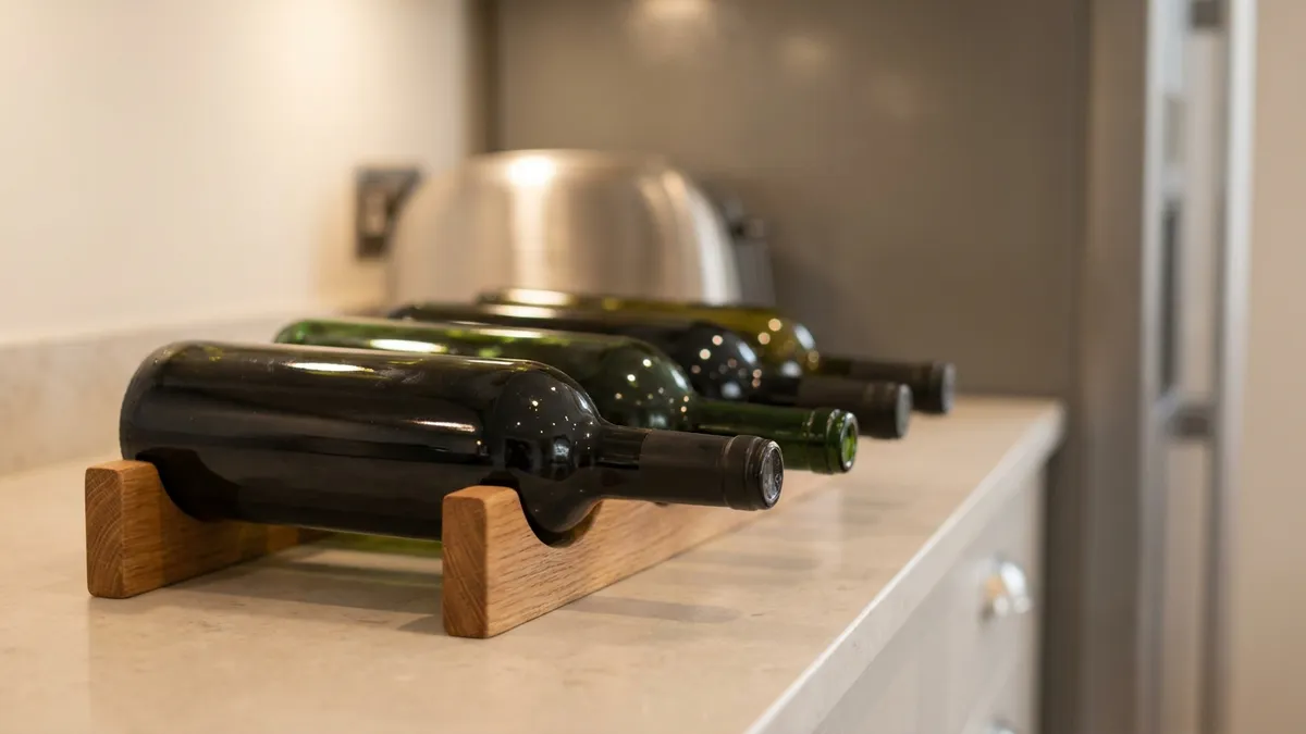 Plain dark wine bottles lying in a small oak rack on a kitchen worktop, with a steel appliance blurred in the background