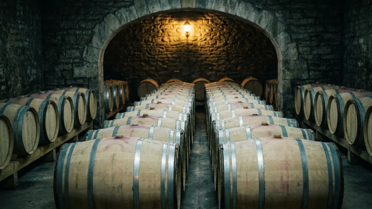 Rows of oak barrels resting in a dim stone cellar, lit by a single warm lamp
