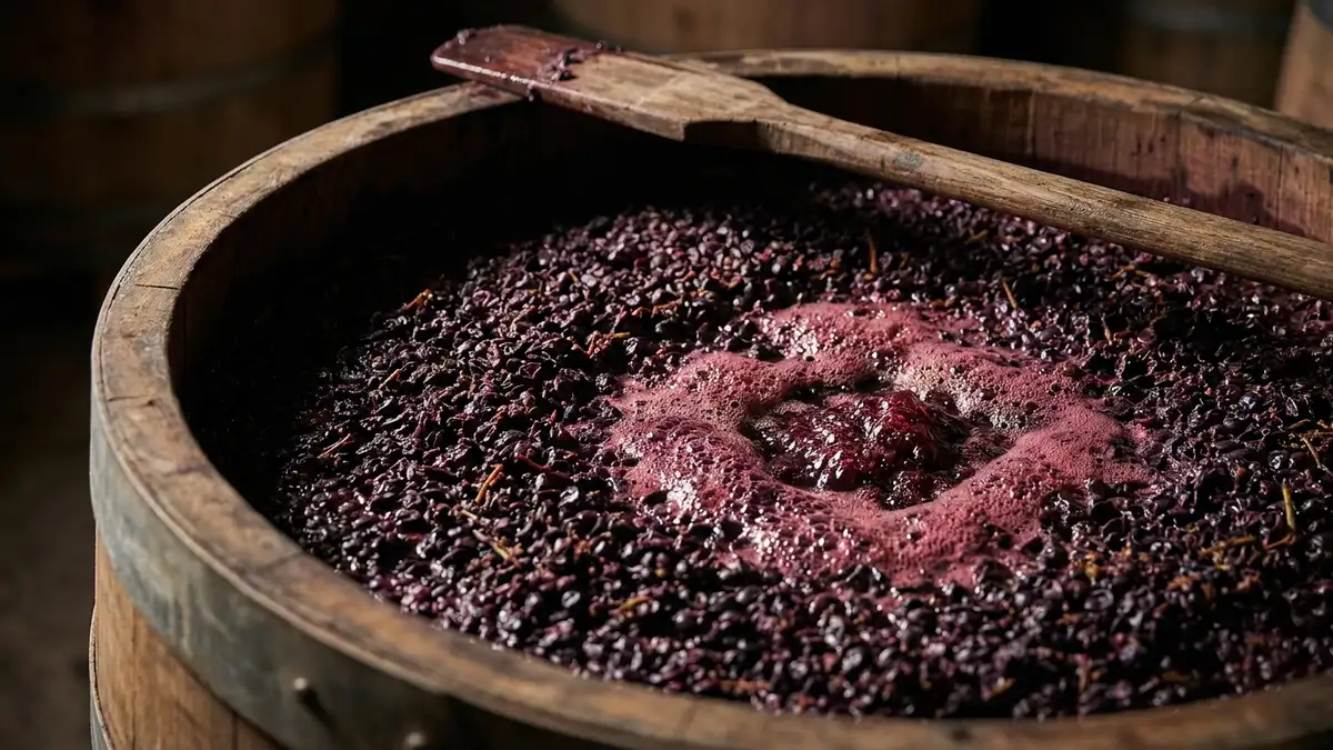 An open fermentation vat with a thick cap of purple grape skins and foaming red juice breaking through