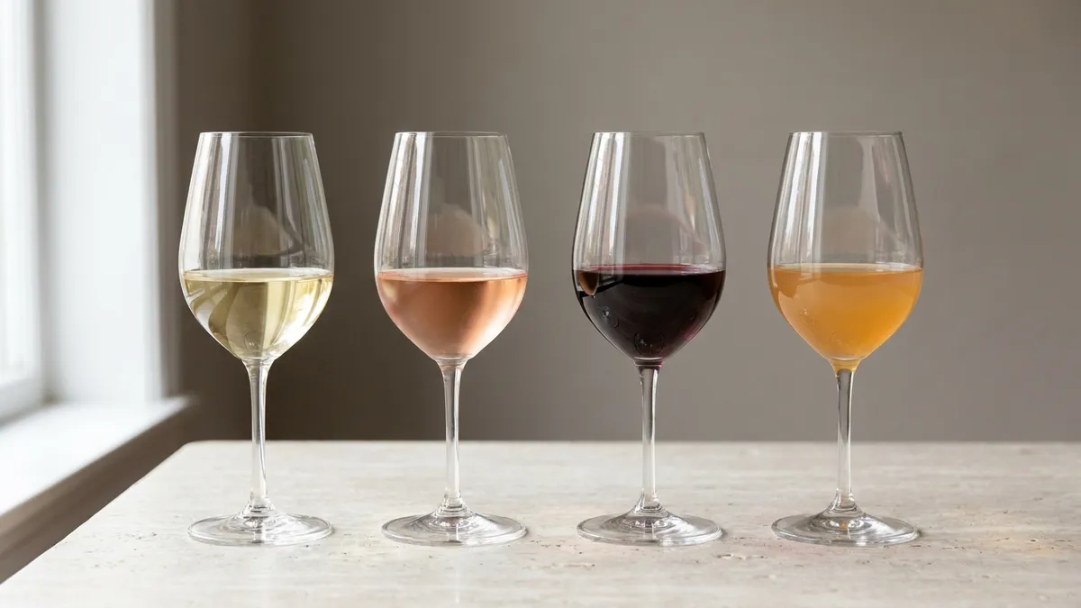 Four glasses in a row showing white, rosé, red and orange wine, from pale straw to deep ruby to amber
