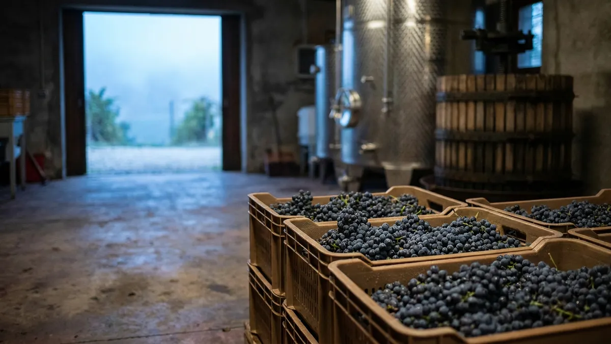 Crates of freshly picked dark grapes on a winery floor at dawn, with a stainless steel tank and a basket press behind them