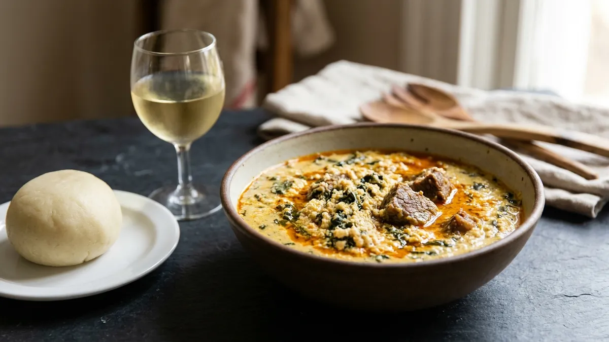 A bowl of egusi soup with leafy greens and an orange sheen of palm oil next to pounded yam and a glass of crisp white wine