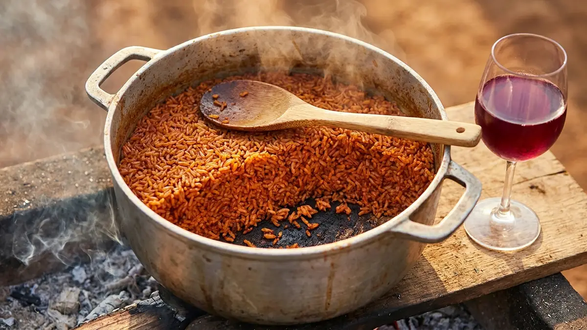A pot of smoky party jollof rice with a crisp charred layer at the bottom and a glass of chilled light red wine beside it