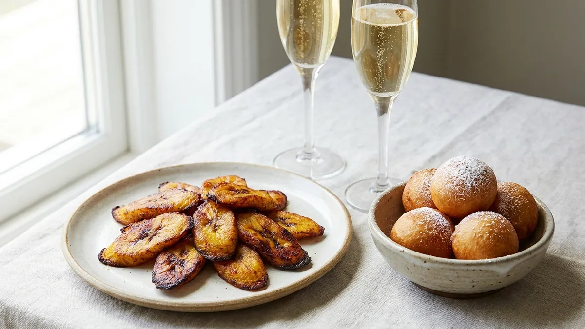 Golden fried plantain and sugared puff-puff beside two flutes of pale sparkling wine
