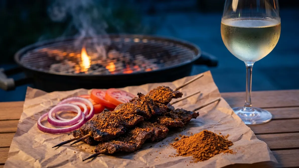 Thin beef suya skewers charred at the edges and coated in reddish peanut-chilli spice, with raw onion and a glass of cold white wine