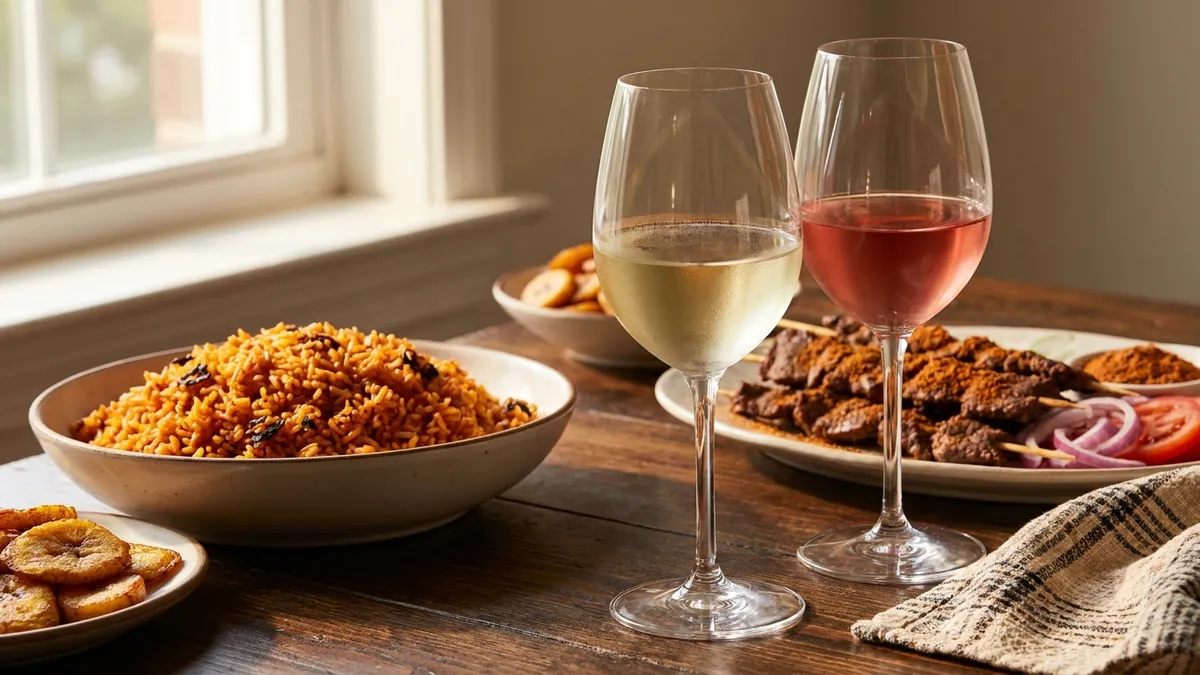 A West African table with jollof rice, suya skewers and fried plantain beside a glass of chilled white wine and a glass of dry rosé