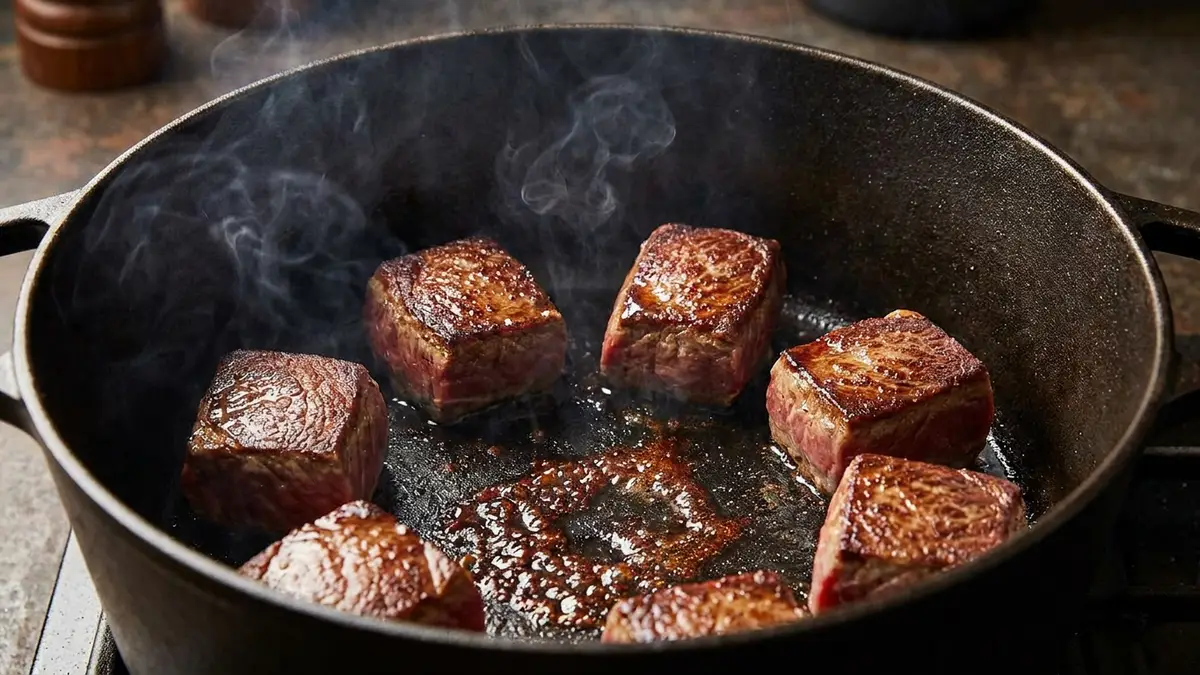 Cubes of beef chuck searing in a dark cast-iron pot, each with a deep brown crust
