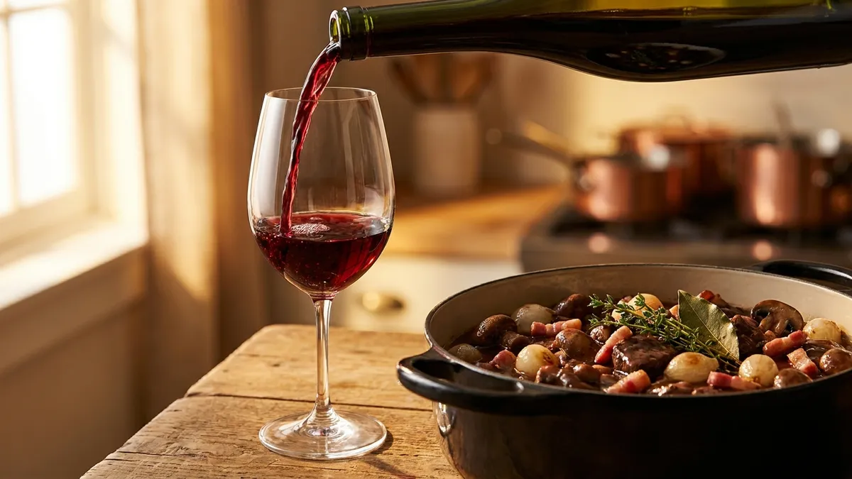 Light ruby red wine being poured into a glass beside an open pot of beef bourguignon with mushrooms and pearl onions